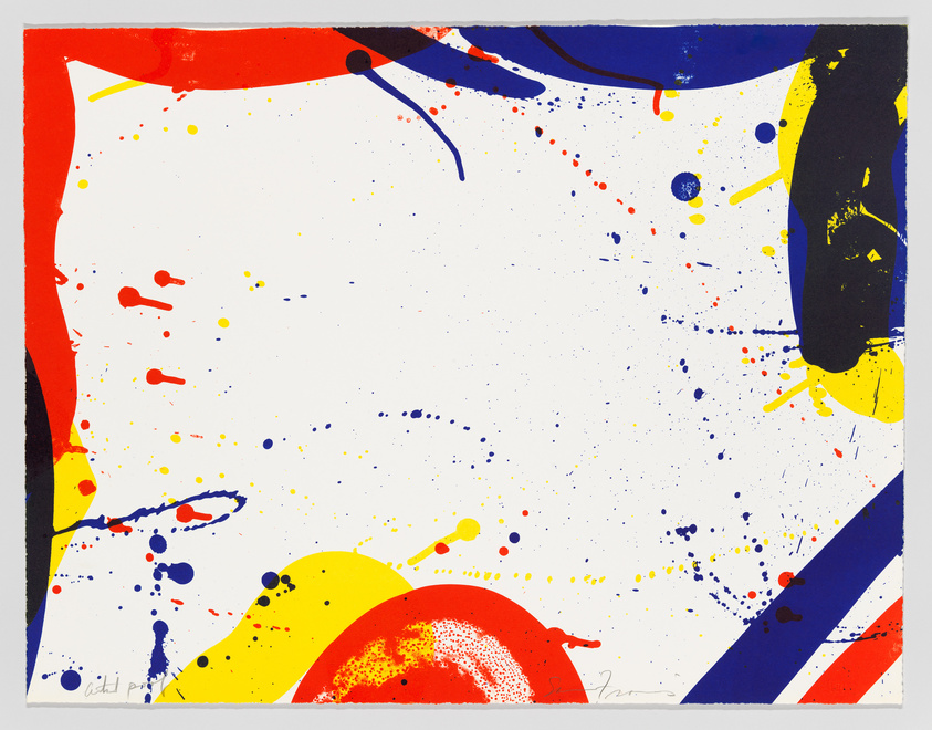 A vibrant abstract painting featuring splashes of red, blue, yellow, and black on a white background, with a dynamic composition suggesting movement and energy.