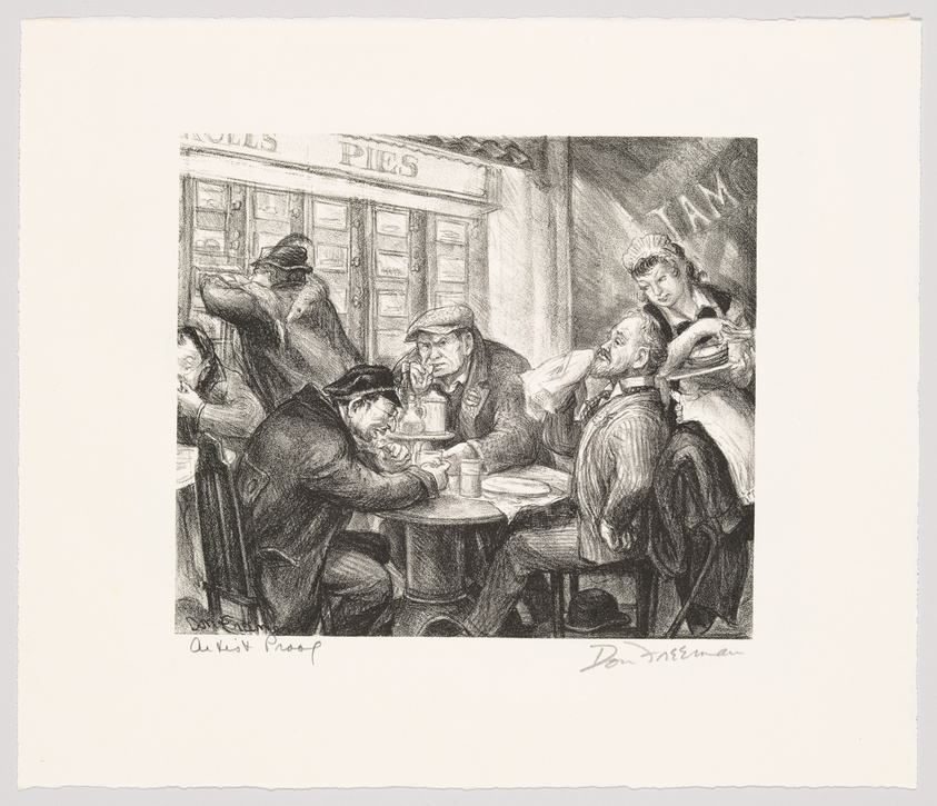 A black and white illustration depicting a lively scene inside a pie shop. Several men are seated at tables, eating and conversing. One man in the foreground is being served a drink by a waitress, while another man looks on. The interior has a rustic charm with signs that read "PIES" and "TAM," suggesting a casual dining atmosphere. The artwork is signed at the bottom.