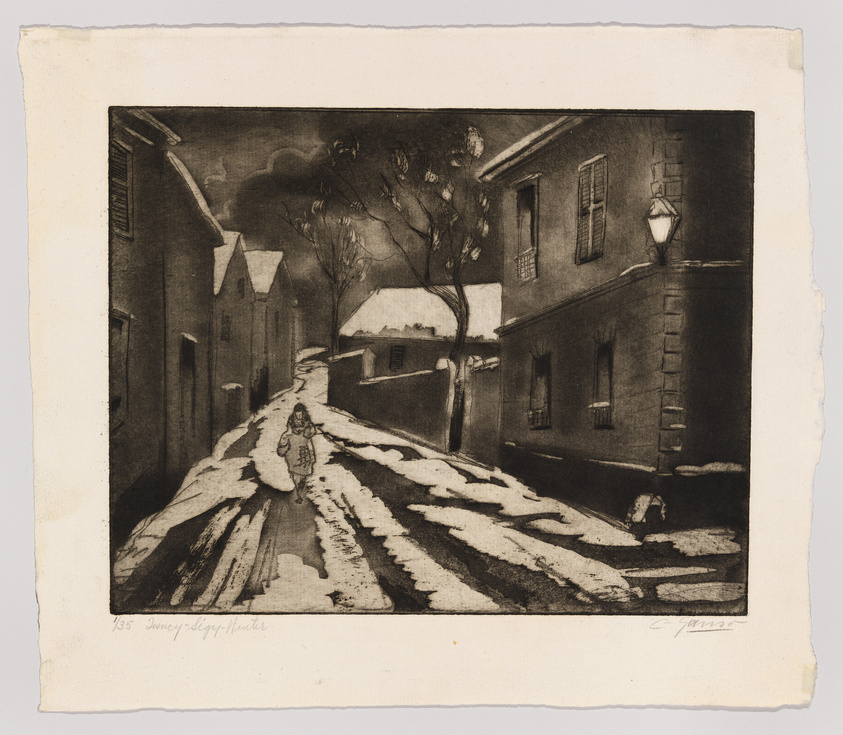 An etching depicting a snowy street scene with a solitary figure walking down the center, flanked by dark buildings and bare trees. Snow patches line the road and a lit street lamp stands out against the dusky sky. The artwork has a vintage feel, with the artist's signature and the year 1935 in the lower right corner.