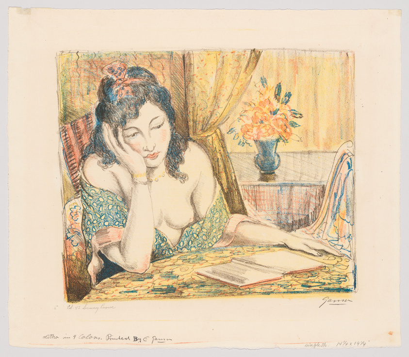 A colorful pastel drawing of a woman lounging on a patterned sofa with her head resting on her hand, appearing deep in thought. She is wearing a blue dress with a low neckline, exposing her shoulders, and has a decorative headband in her hair. A vase with flowers is placed on a table in the background, contributing to the serene and intimate atmosphere of the scene. The artwork is signed by the artist in the lower right corner.