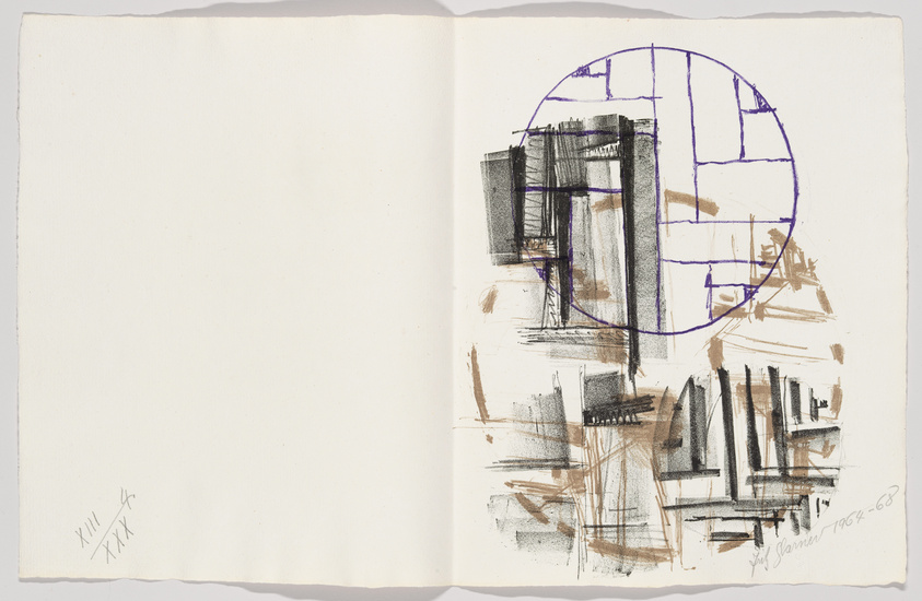 An open sketchbook with a rough architectural drawing on the right page, featuring abstract building forms and lines within a large, overlaid purple circle. The left page has some markings at the bottom left corner. The artist's signature and the year 1964-68 are written on the bottom right of the drawing.