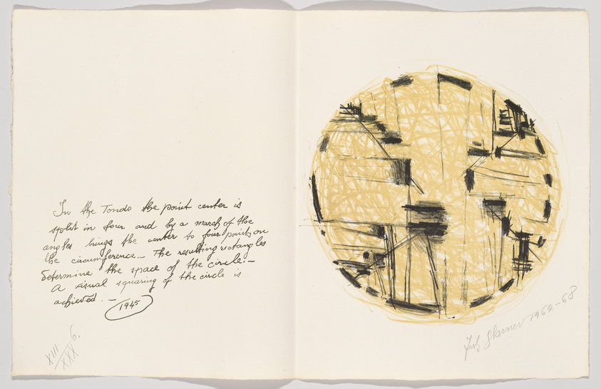 An open notebook with a handwritten note on the left page and a circular abstract drawing on the right page. The note describes a concept related to a tornado and references the year 1945, while the drawing features crisscrossing black lines over a yellow circular background, signed and dated by the artist.