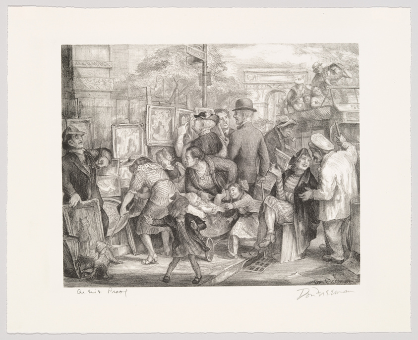 A detailed black and white etching depicting a bustling outdoor market scene with various people examining artwork, conversing, and engaging in trade. The foreground shows individuals closely inspecting paintings, while the background includes a vendor elevated on a platform, addressing the crowd. The attire suggests a historical setting, with men wearing hats and women in dresses. The artist's signature is visible in the lower right corner.