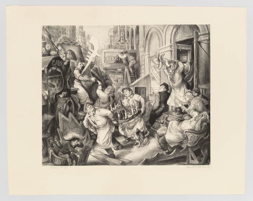 A detailed black and white lithograph depicting a chaotic street scene with multiple figures engaged in various activities. In the foreground, a man swings a large wrench, while others around him appear to be in a state of panic or aggression. Signs with the words "CAIN" and "SCENE" are visible in the background, suggesting an urban setting. The artwork is rich in detail and dynamic in composition, conveying a sense of intense action and emotion.