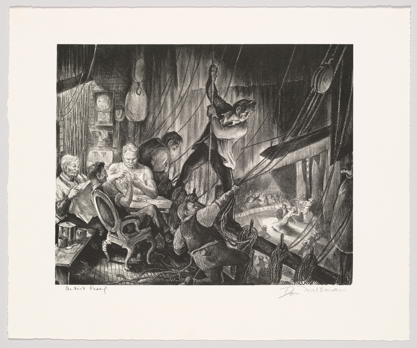 A black and white illustration depicting a lively scene inside a crowded, dimly lit room. Several individuals are engaged in various activities: some are sitting at a table playing cards, while others are conversing. One person is hanging upside down from the ceiling, holding onto a rope, and appears to be performing or entertaining the group. The room is adorned with hanging objects like boxing gloves and a punching bag, suggesting a sports or recreational theme. The artwork has a signature at the bottom right corner.