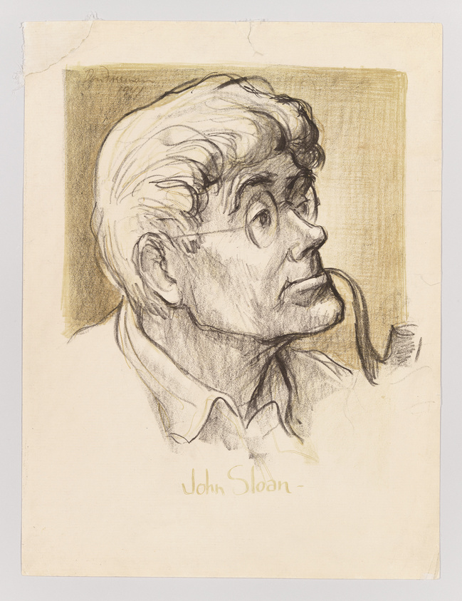 Pencil sketch of a man's profile with tousled hair and a contemplative expression, signed by John Sloan. The drawing is on beige paper with a yellowish-brown square background framing the subject's head.