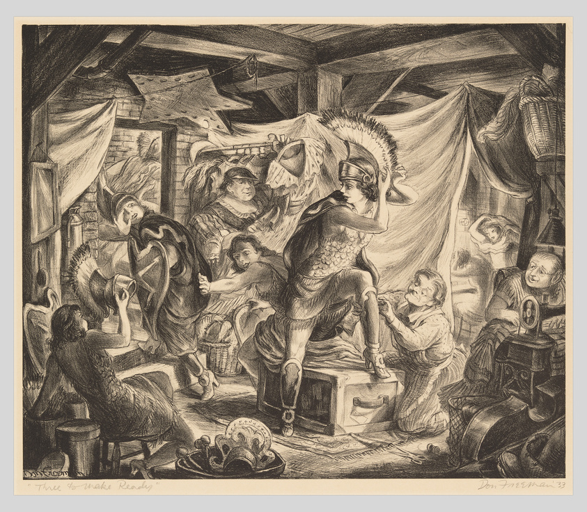 Chaotic attic scene with costumed figures, a central warrior statue, and playful children amidst cluttered antiques.