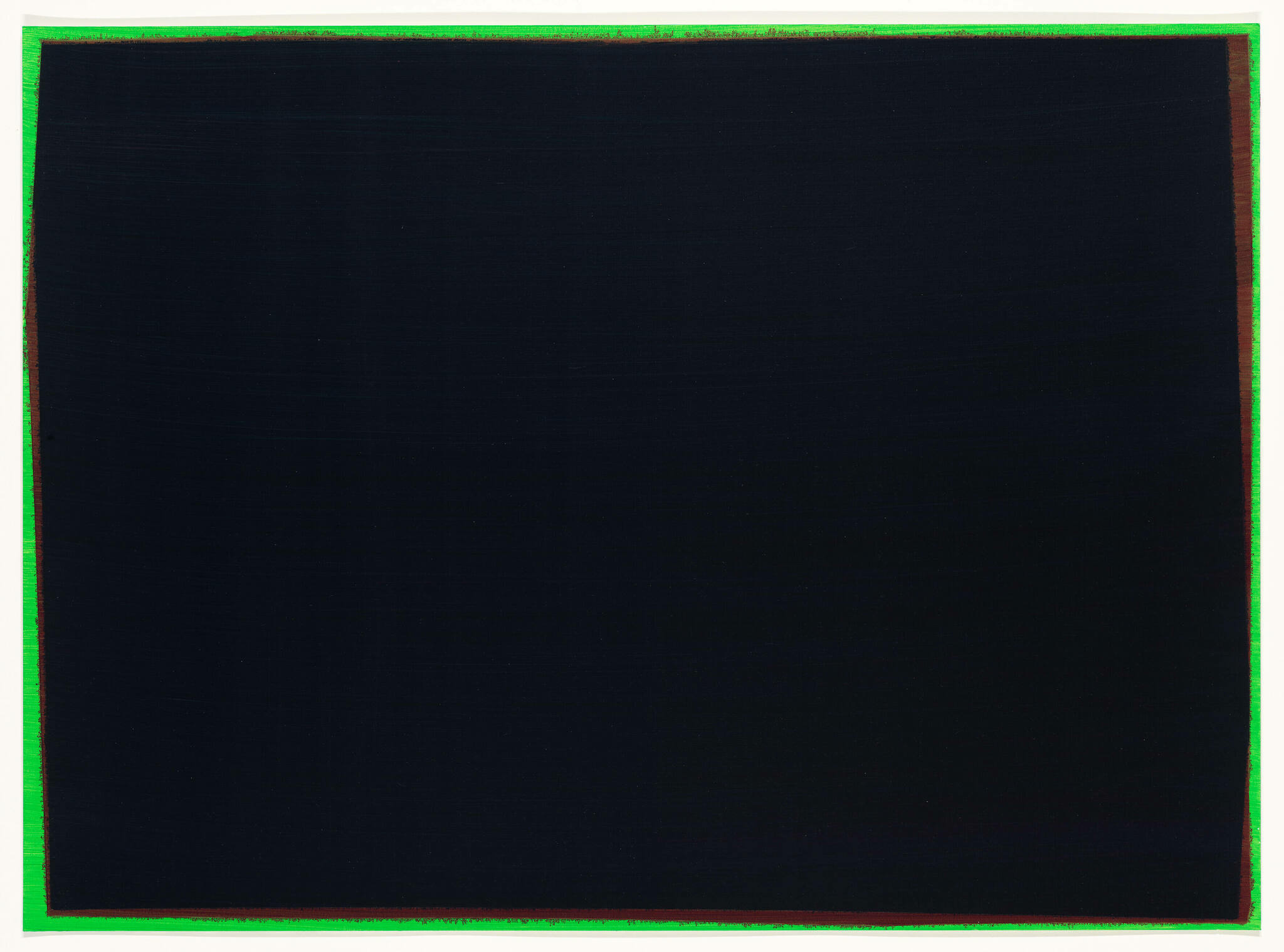 A minimalist artwork consisting of a large, almost entirely black canvas framed by a thin green border on the edges, with a subtle hint of red on the right side.