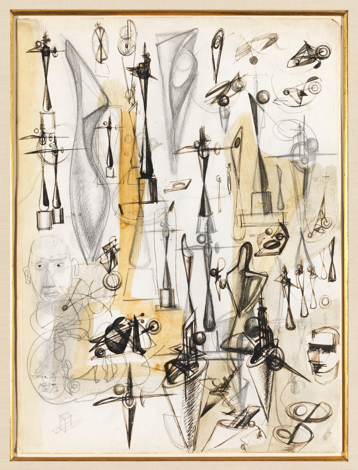 An abstract drawing featuring a variety of geometric and biomorphic shapes, lines, and forms that create a sense of movement and depth. The artwork includes elements that resemble towers, eyes, and faces, with a mix of darker and lighter areas, and a prominent yellowish-brown patch in the center. The piece is framed and has a sketch-like quality with visible pencil or charcoal strokes.