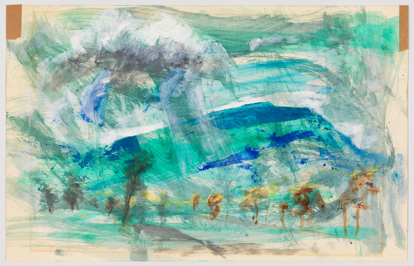 An abstract painting with vibrant strokes of blue, green, and hints of yellow and brown, suggesting a natural landscape with trees and possibly a water feature. The artwork is on paper with visible creases and taped edges, and there's a signature at the bottom left corner.