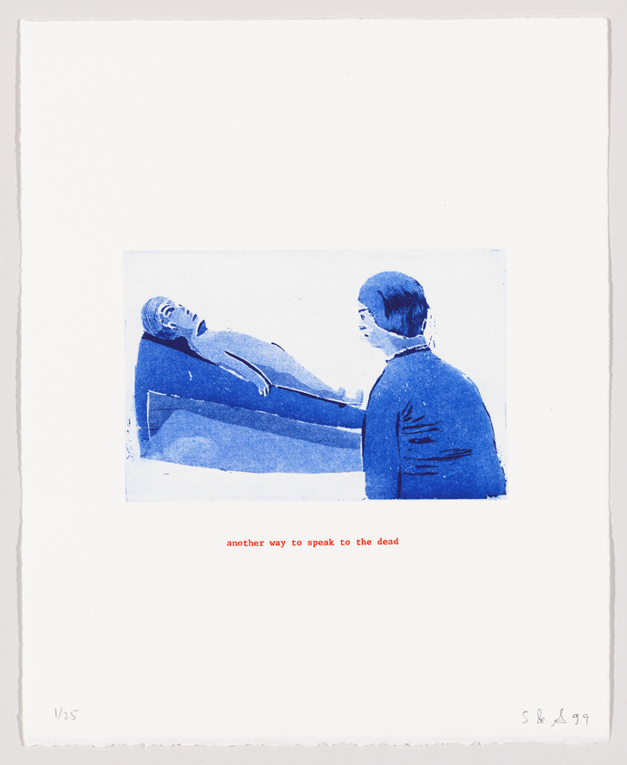 Blue monochrome print showing one person standing by another lying down, with text "another way to speak to the dead" below.