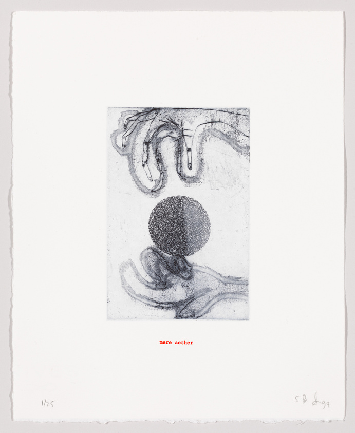 Monochrome print of a hand reaching towards a dark circle with "mere aether" text below, signed and numbered.