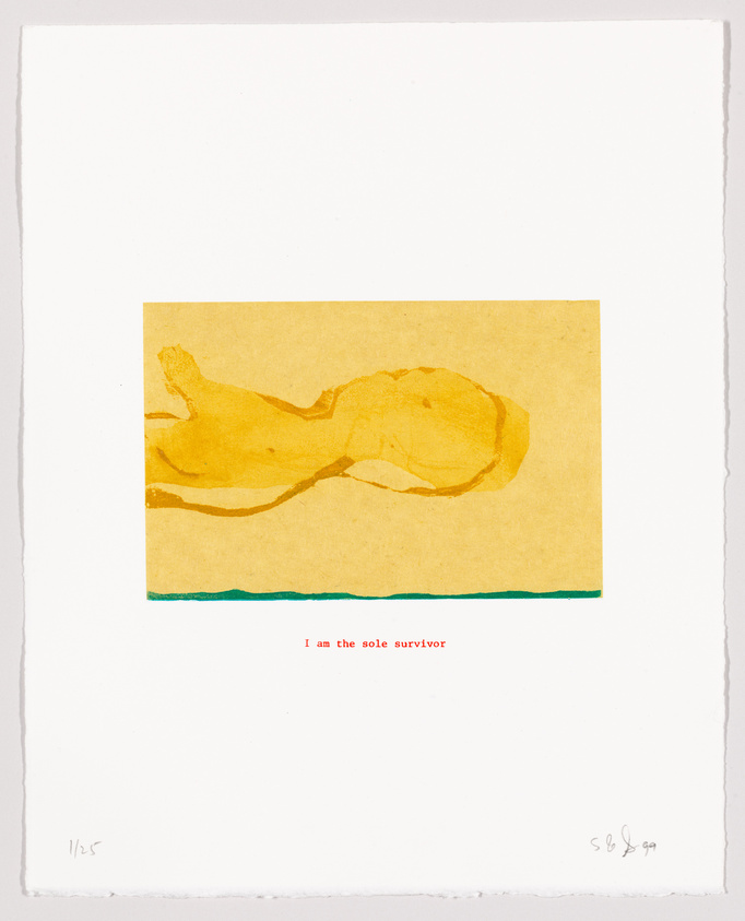 A minimalist artwork featuring a yellowish-brown abstract shape on a goldenrod background, with a teal horizontal line beneath it. Below the image, on the white border, the text "I am the sole survivor" is printed in lowercase letters. The artwork is numbered "1/25" on the bottom left and signed with the initials "S.B." and dated '89 on the bottom right.