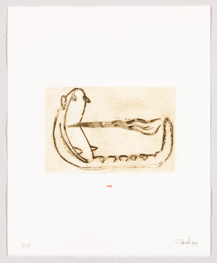 An etching of a stylized, elongated creature resembling a snake, with a prominent head and a wavy body, on a textured paper background. The word "asp" is printed in red below the image, and there are artist's markings including a signature and date in the lower right corner.