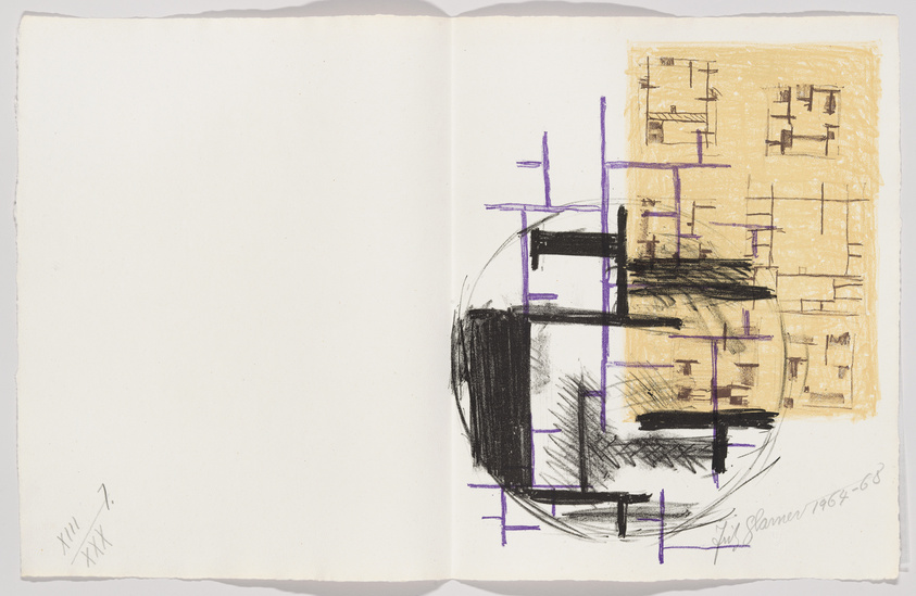A sketchbook open to a spread with an abstract drawing. The left page has some Roman numerals written in pencil at the bottom left corner. The right page features a circular design with black, purple, and yellow hues, and various lines and marks that create a sense of depth and movement. The artist's signature and the year '1964-65' are written in the bottom right corner of the right page.