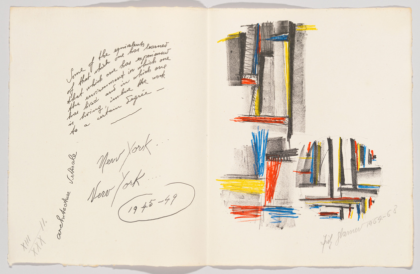 An open sketchbook with a handwritten note on the left page and colorful abstract architectural sketches on the right page. The note is written in cursive and mentions New York, while the sketches feature vertical and horizontal lines in red, blue, yellow, and black, with some shading. The bottom right of the sketch page is signed and dated.