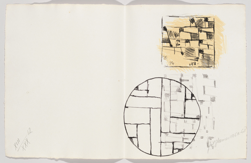 An open sketchbook with two abstract drawings on a white background. The left page has a small sketch with Roman numerals at the bottom, while the right page features a circular drawing with geometric shapes and a rectangular sketch with black strokes and yellow shading. There are signatures and dates on both pages.