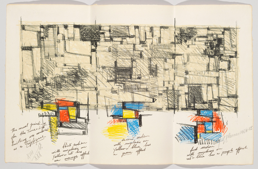 A sketch on an open notebook featuring an abstract architectural drawing with heavy pencil strokes. The left side of the page shows a colorful structure with red, yellow, and blue accents, while the right side has a similar structure with annotations about the colors' effects. Handwritten notes are visible around the drawings, discussing the use of color and light in the artwork.