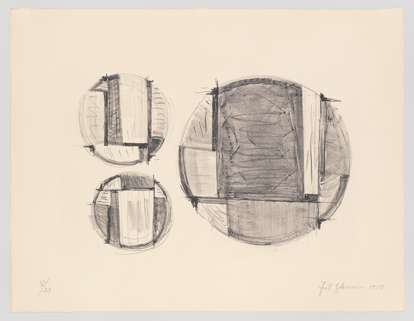 A sketch featuring abstract geometric shapes, with two circles divided by vertical lines and shaded sections, signed and dated by the artist in 1959.