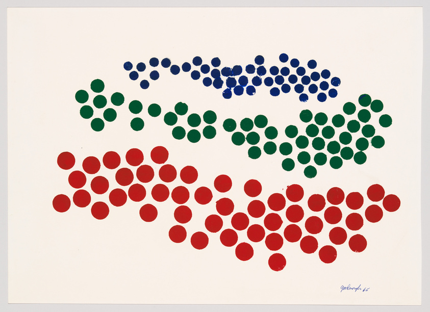 A graphic artwork featuring rows of colored dots in blue, green, and red, arranged in a wave-like pattern on a white background, with the artist's signature in the bottom right corner.