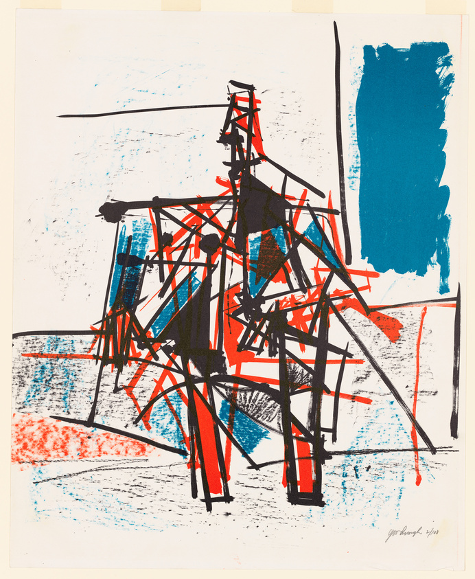 Abstract expressionist artwork featuring a chaotic assembly of red and black lines that suggest an industrial structure, possibly a derrick or rig, against a background with broad strokes of blue and black ink. The piece is signed by the artist in the lower right corner.