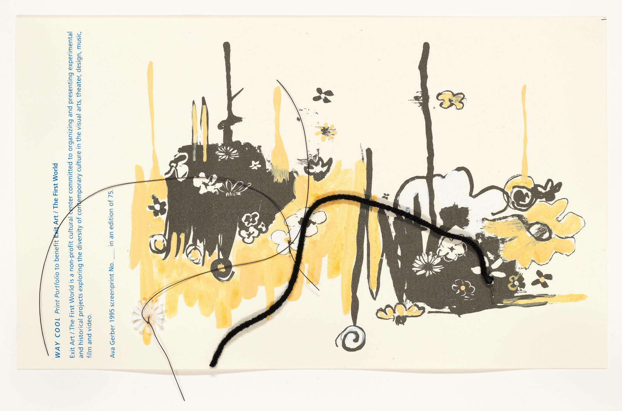 Abstract artwork featuring expressive black lines and splashes of yellow and white paint on a beige background. The composition includes floral motifs and drips, with text along the left edge that seems to be part of an invitation or announcement.