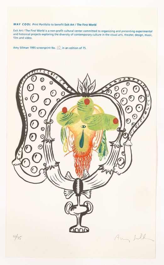 Abstract screenprint with colorful, whimsical creature and text about a cultural center's benefit art portfolio.