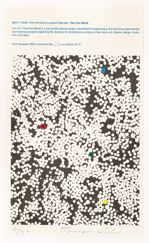 1995 screenprint by Fred Tomaselli with white dot pattern on dark background and colored dots, numbered and signed by the artist.