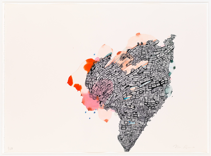 A vibrant abstract artwork featuring a dense cluster of black and white patterned shapes resembling a cityscape, overlaid with splashes of orange, pink, and blue watercolor. The piece is numbered and signed by the artist in the lower corners on a white background.