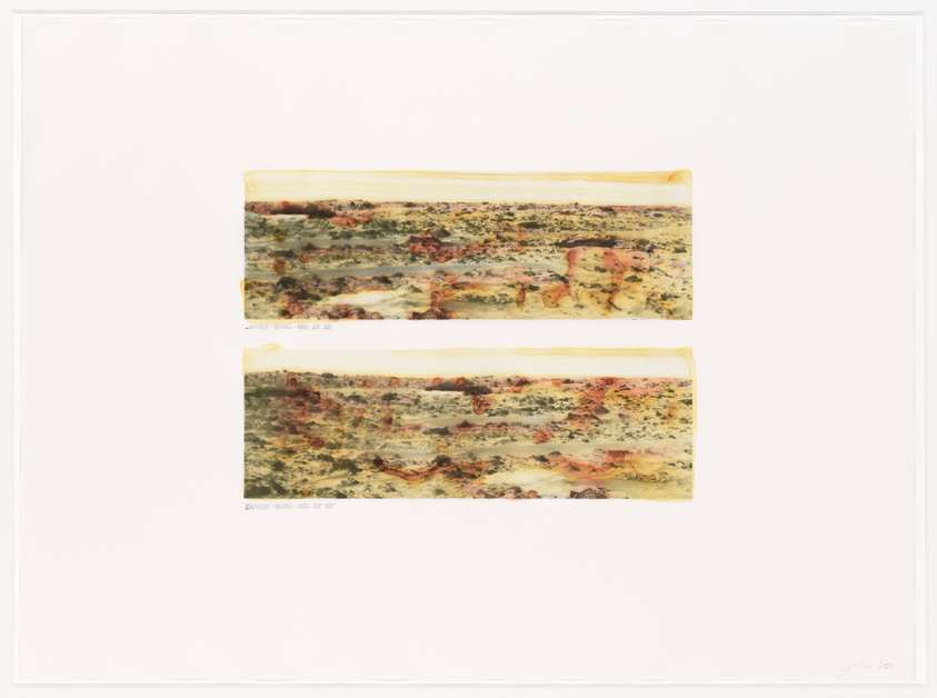 Two rectangular, abstract prints with earthy tones and textured patterns are displayed one above the other against a white background. Each print features a blend of yellows, reds, and blacks that create a landscape-like appearance. Below the prints, there is text and numbers, possibly indicating the title and edition of the artwork. The image is signed by the artist in the lower right corner.