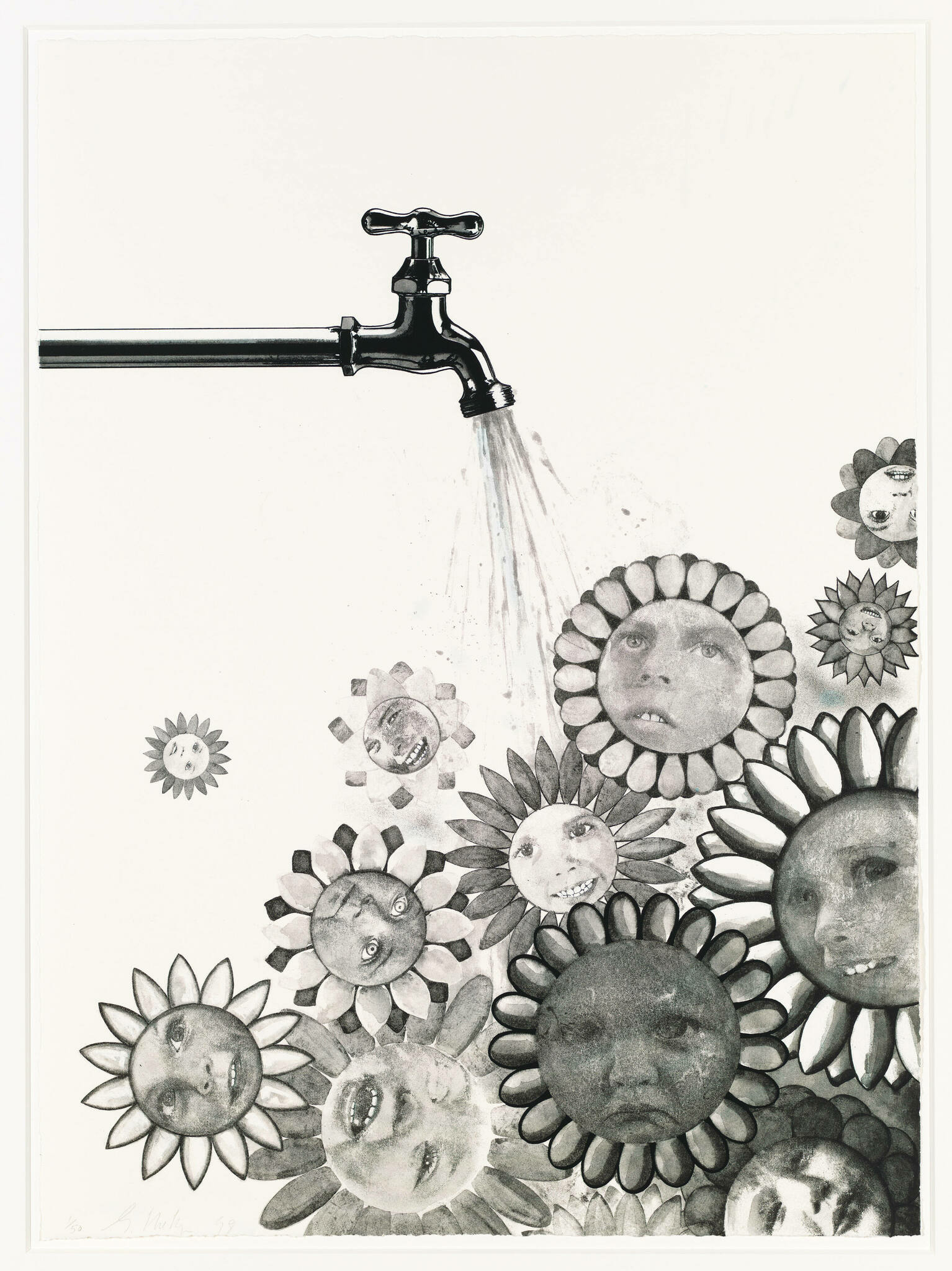 A black and white illustration featuring a tap on the left side with water flowing out, transforming into a variety of sunflowers with human faces. The faces on the sunflowers display a range of expressions from smiling to surprised. The background is plain, emphasizing the contrast between the realistic tap and the surreal floral faces.