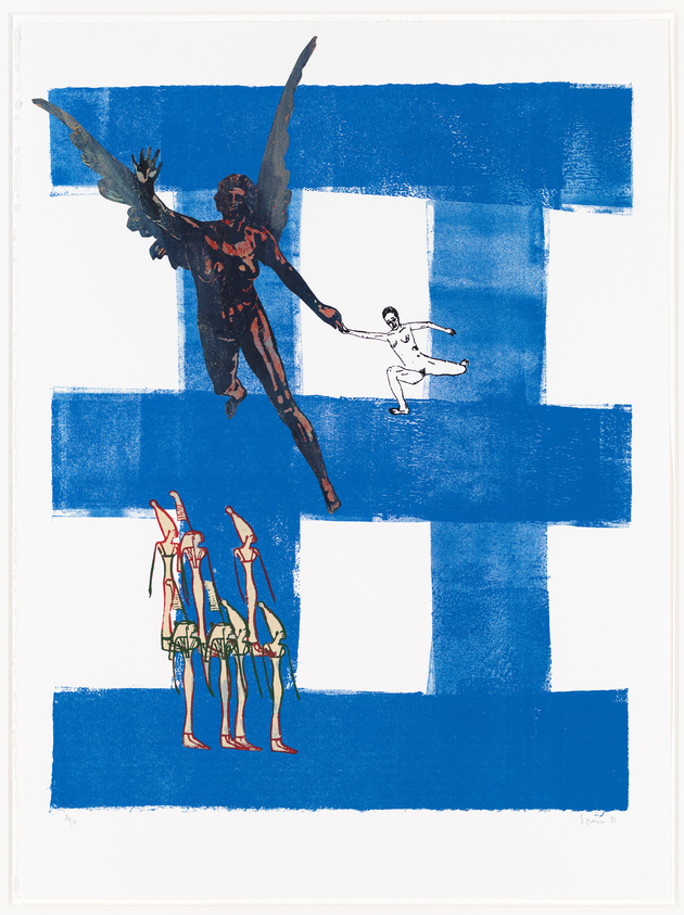 Graphic artwork with a blue abstract background, featuring a dark angel figure, a person in white, and a group of red and green figures.