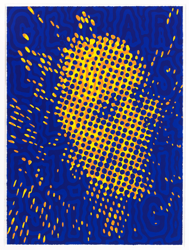 A vibrant abstract artwork featuring a central cluster of yellow dots that transition to orange towards the edges, set against a deep blue background with a pattern that suggests undulating text or symbols.