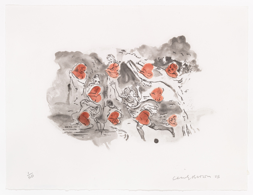 A watercolor painting featuring abstract figures with prominent red and orange hues against a muted background with gray washes. The figures appear dynamic, with some elements suggesting movement or dance. The artwork is signed and numbered, indicating it's part of a limited series.