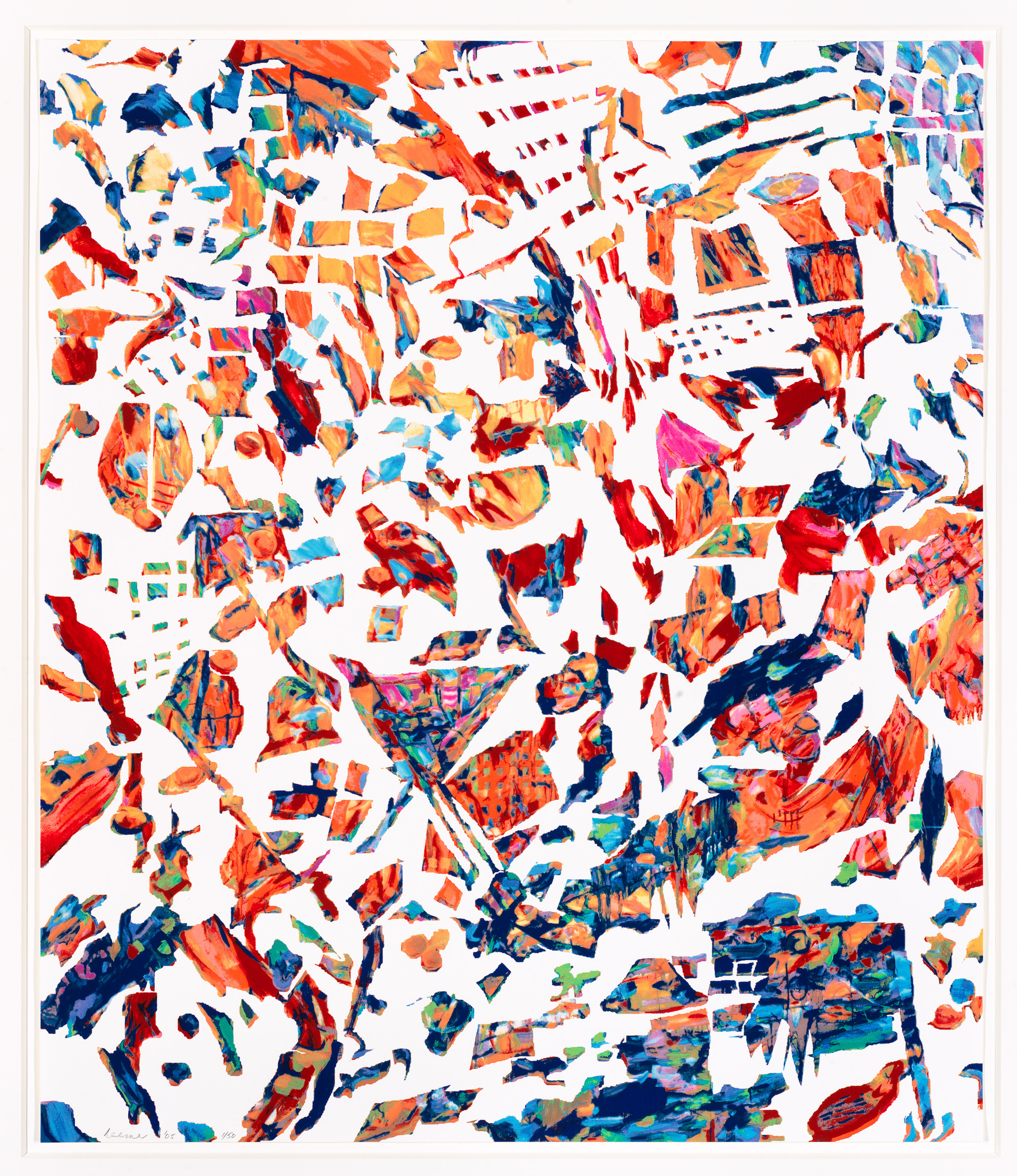 A vibrant abstract painting featuring a chaotic arrangement of brushstrokes and color splashes in red, blue, orange, and other hues on a white background. The composition is energetic and appears to lack a specific focal point, suggesting movement and a sense of spontaneity.