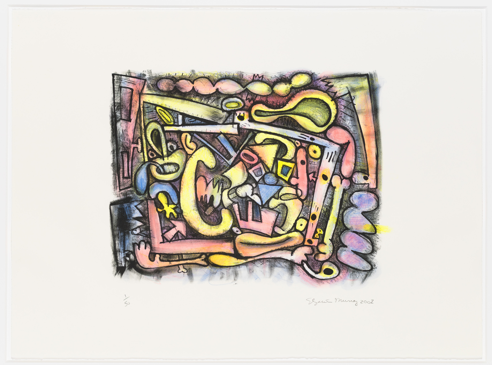 A colorful abstract artwork featuring a chaotic composition of various shapes, lines, and forms that resemble cartoon-like figures and objects. The piece is predominantly in shades of yellow, pink, blue, and black, with pencil or crayon textures. It's signed by the artist and dated 2002, with a notation indicating it's a limited edition print.