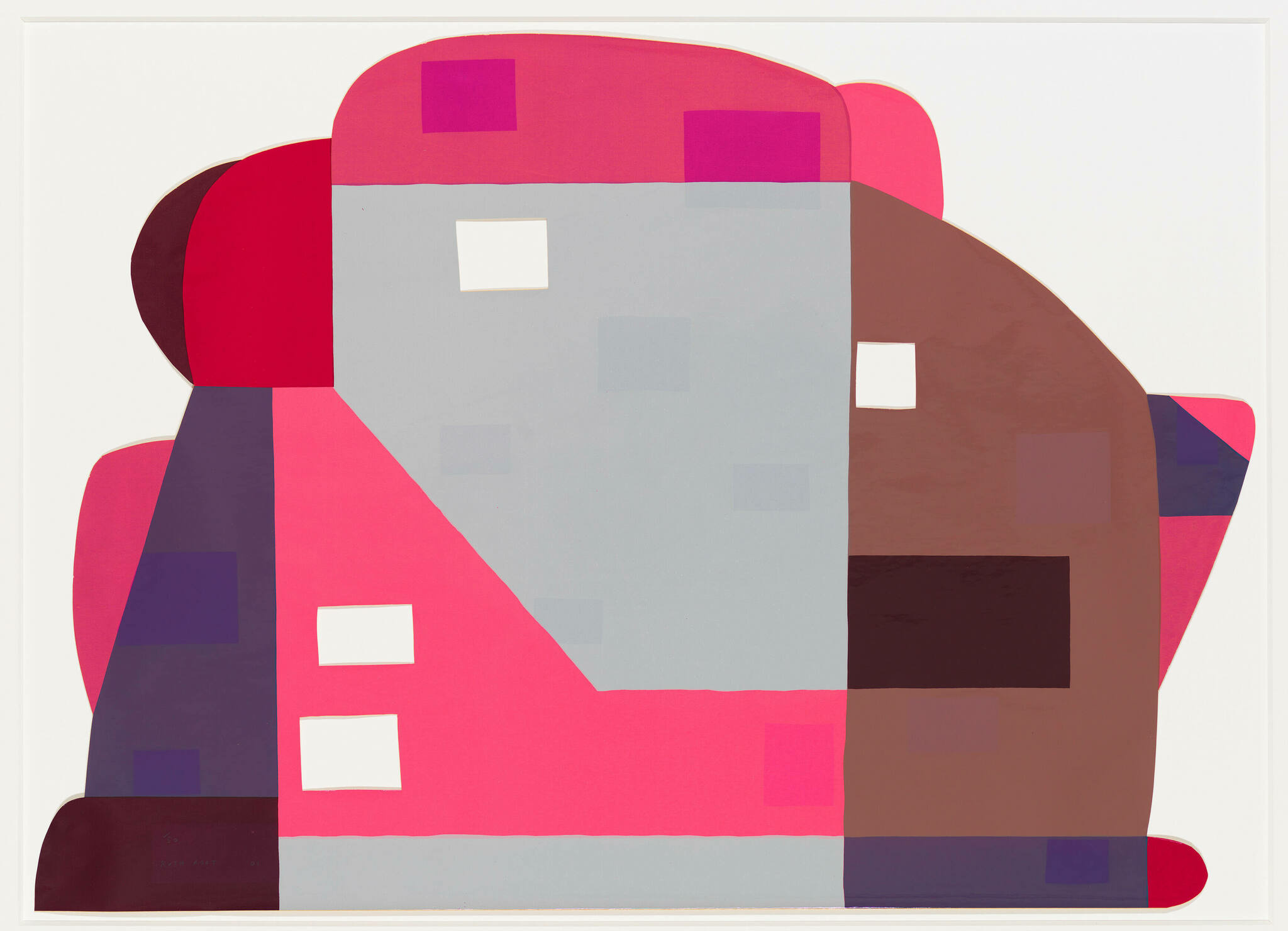 A modern abstract artwork featuring geometric shapes in shades of pink, purple, and gray, with white squares overlaid on some of the shapes. The composition is flat with no discernible figures or objects, emphasizing color and form.