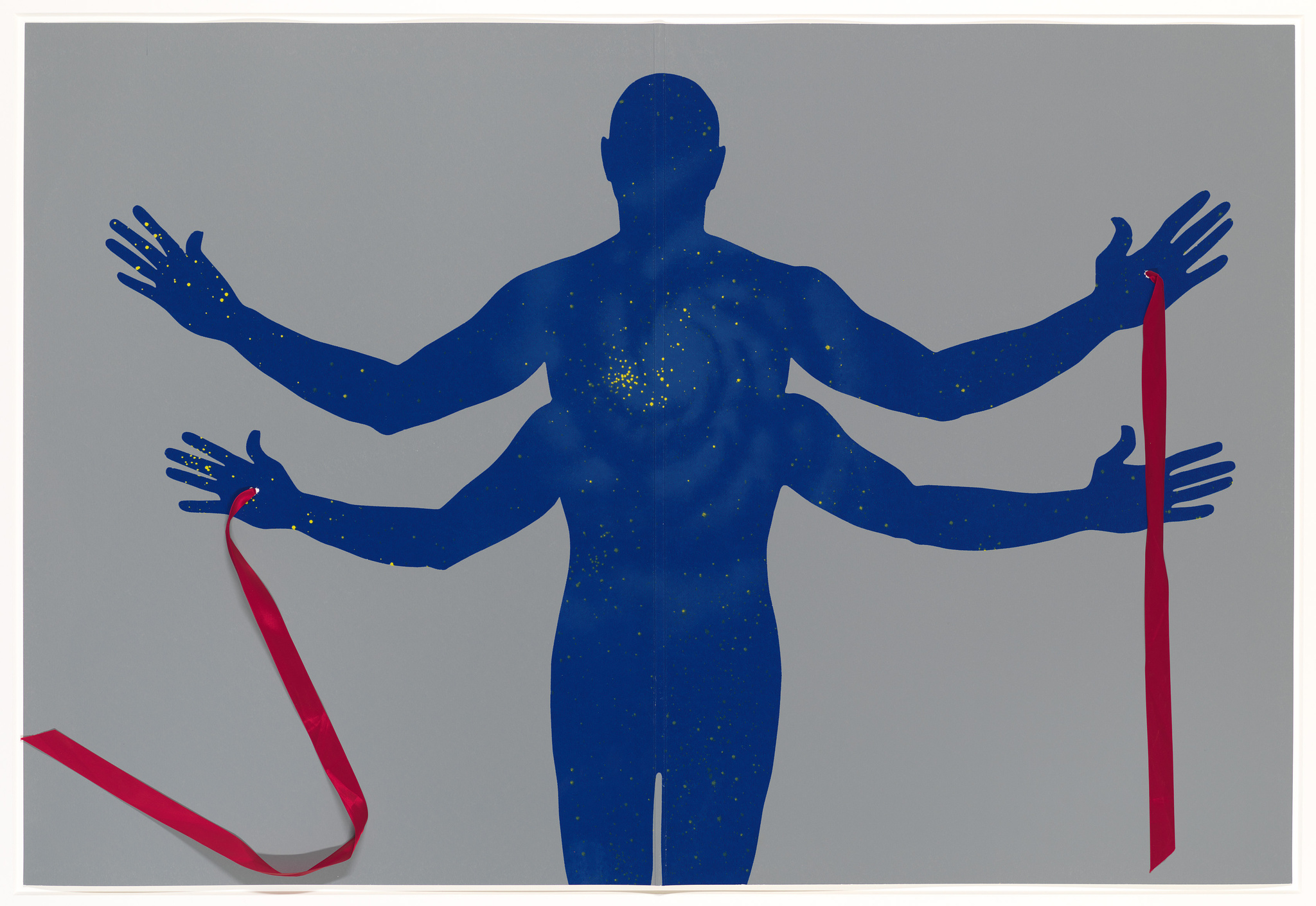 A graphic artwork depicting a blue silhouette of a human figure with multiple arms extended outwards, reminiscent of Hindu deities like Shiva. The figure has yellow speckles scattered across the body, and there is a red ribbon-like object in the lower left corner that appears to be held by one of the hands. The background is a plain, light grey color.