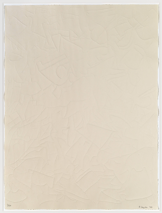 A textured artwork featuring an array of abstract, embossed shapes on a cream-colored paper. The shapes are irregular and interlocking, creating a subtle, raised pattern across the surface. The bottom left corner has a handwritten inscription, and the bottom right corner contains the artist's signature and the year.