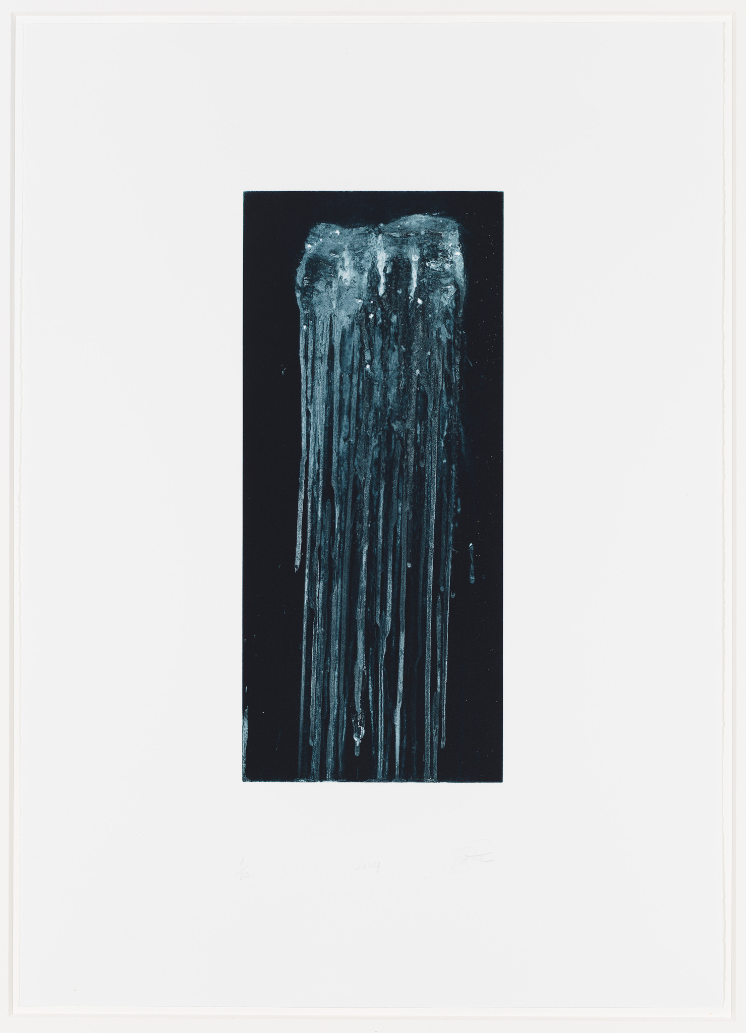 A framed artwork featuring a vertical, abstract composition with streaks of blue and white resembling dripping or melting ice against a black background, surrounded by a wide white border with artist's markings at the bottom.