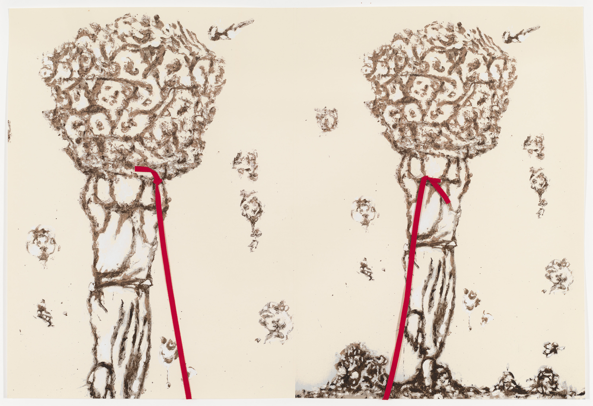 A digital artwork featuring two symmetrical abstract figures resembling trees or floral arrangements, created with brown textures on a cream background. Each figure has a prominent red line running vertically through its center, possibly representing a stem or a structural element. The surrounding space contains smaller, similarly styled motifs scattered randomly.