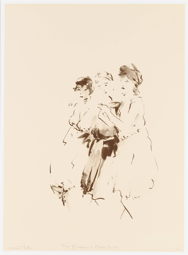 A minimalist ink sketch on a cream-colored paper depicting three women in vintage attire, with the central figure holding what appears to be a martini glass. The lines are fluid and suggestive rather than detailed, capturing the essence of the figures with a few strokes. The artwork has a signature in the bottom left corner and a title "Three Bathers in Monte Carlo" written at the bottom.