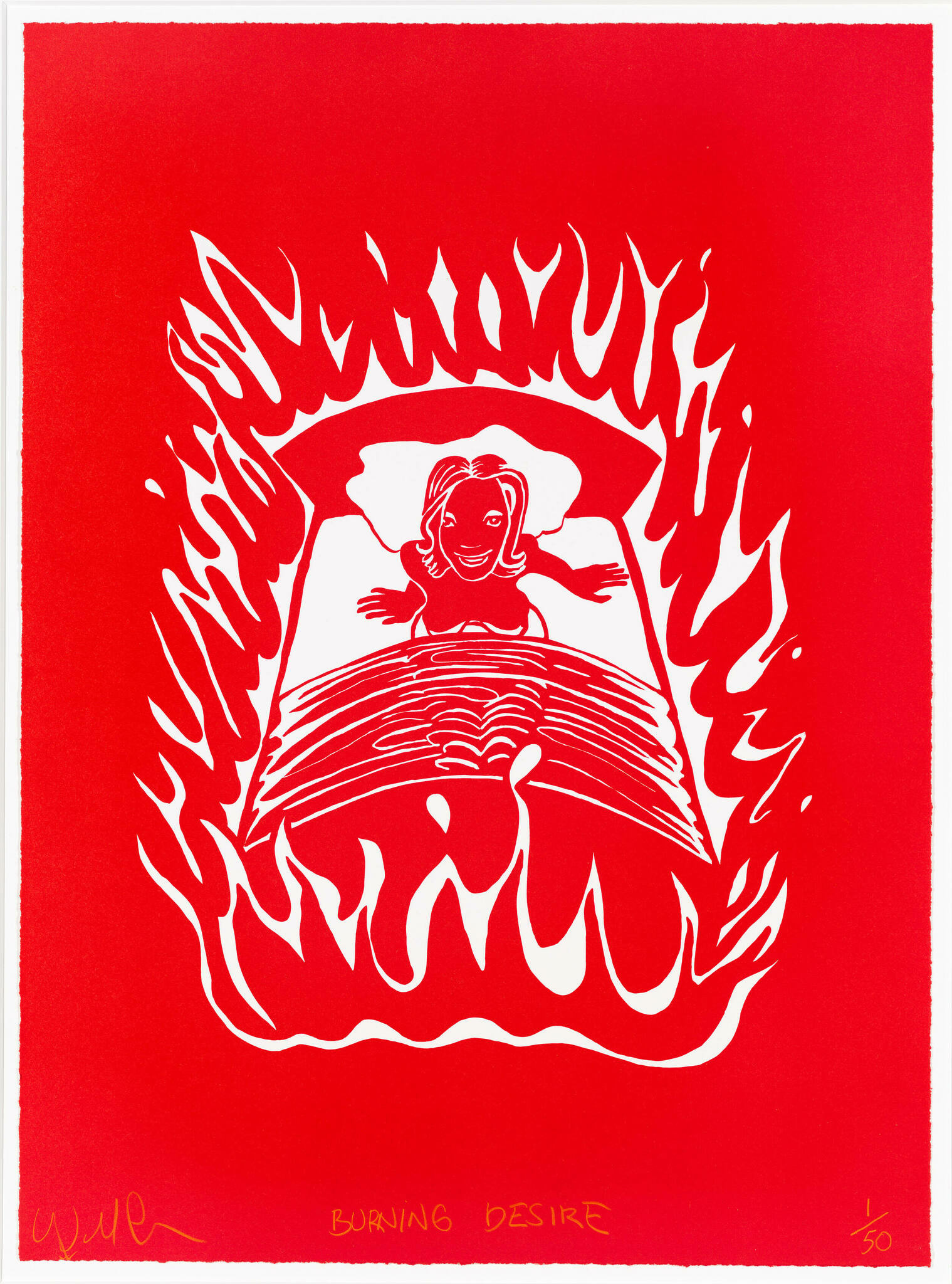 A bold red and white print featuring a stylized image of a person lying in bed with flames surrounding them, titled "BURNING DESIRE" at the bottom, with a signature and edition number '1/50' also visible.