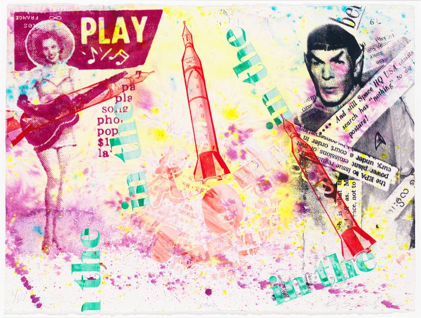 A vibrant and colorful collage featuring a mix of retro and pop culture elements. A woman playing guitar is superimposed over a purple and yellow background, with a large "PLAY" sign above her. To the right, a stylized image of a man with pointed ears, reminiscent of a Vulcan from Star Trek, is visible. A red rocket, snippets of newspaper articles, and scattered words like "the" and "truth" are artistically arranged throughout the composition, creating a dynamic and eclectic visual piece.