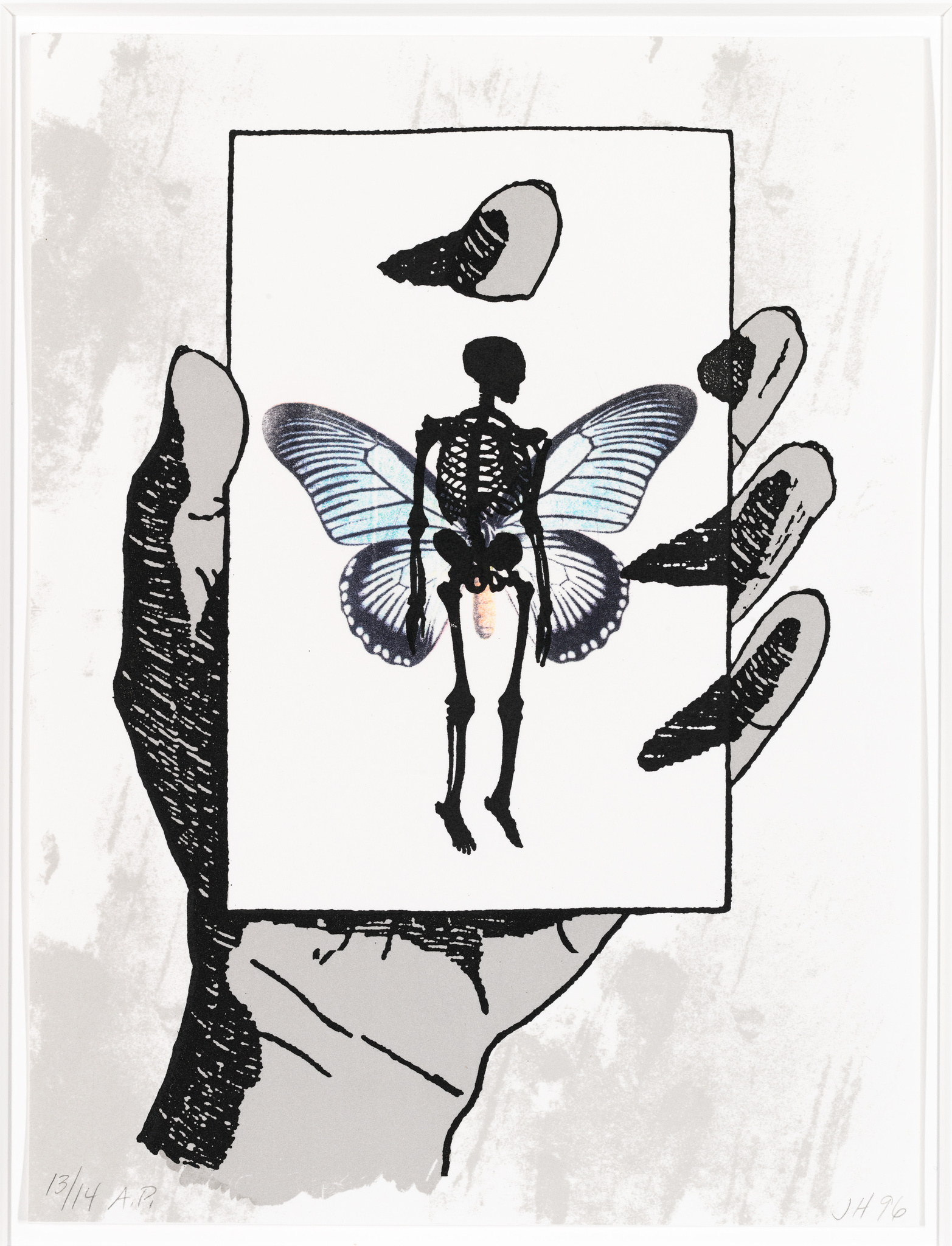 A hand holding a rectangular card with an illustration of a human skeleton with butterfly wings, surrounded by three smaller images of seashells. The background appears textured and the artwork has a signature and edition number at the bottom.