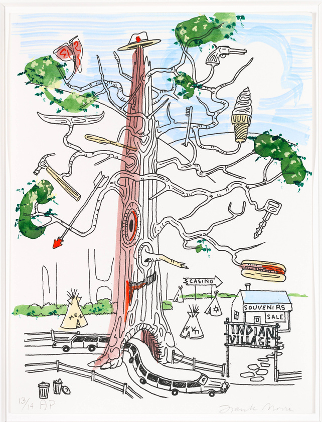 Illustration of a whimsical tree with various objects and elements integrated into its structure, such as a hot dog, ice cream cone, and a hat. Below the tree, there are teepees, a casino sign, a souvenir shop labeled "Indian Village," and a highway with a limousine. The artwork has a playful and surreal quality, combining natural and commercial motifs.