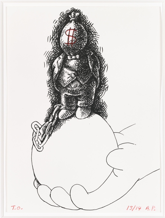 Illustration of a stylized figure with a large egg-shaped head marked with a red cross, sitting on a giant hand. The figure appears contemplative or burdened, with a chain around its neck. The artwork is signed and numbered, suggesting it's a print from a limited series.