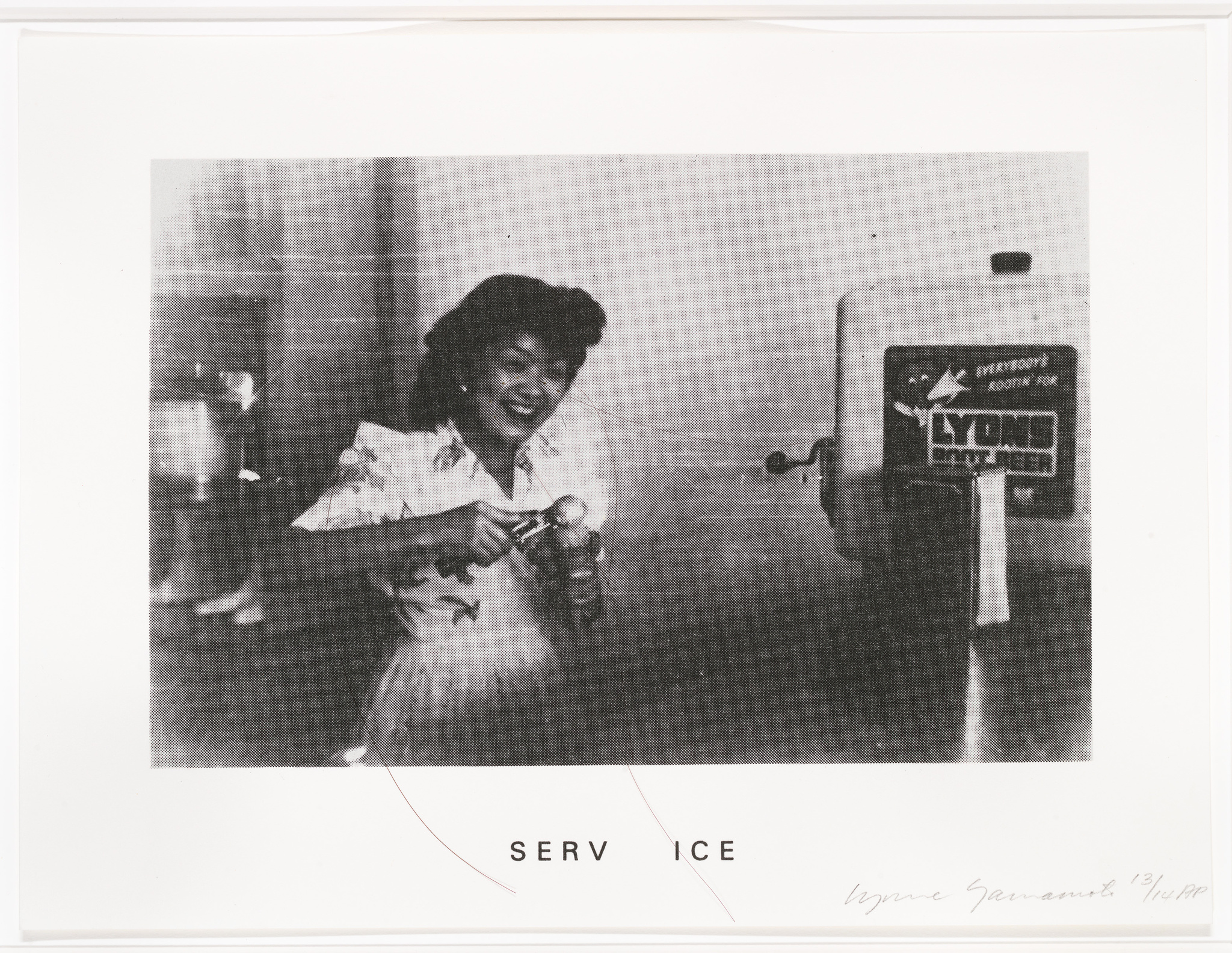 Woman smiling while serving ice cream from a dispenser labeled "Lyons Root Beer." The word "SERVICE" is partially visible below.