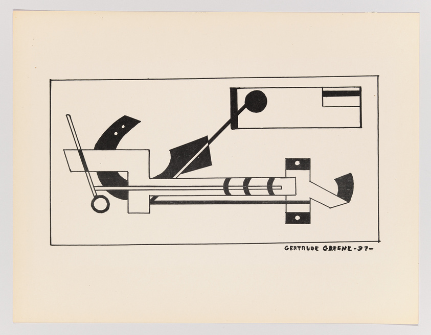 A graphic print featuring abstract geometric shapes and lines in black on a cream-colored background, resembling a stylized mechanical or architectural diagram. The artist's name, Gertrude Greene, and the year 1937 are inscribed at the bottom right.