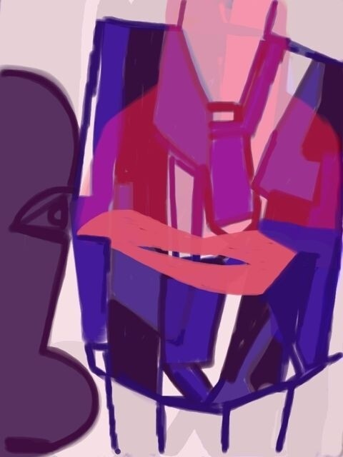 A digital abstract painting with a blend of purple, pink, and blue hues, featuring a stylized profile of a face with a prominent eye and lips on the left side. The rest of the image is composed of geometric shapes and lines suggesting an abstract form.